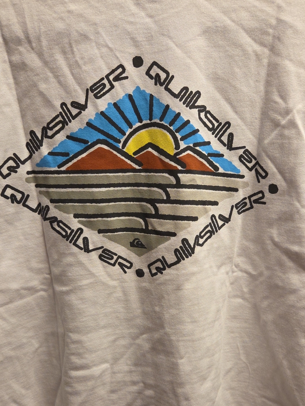 Quiksilver White LONG sleeve Tee with Blue, Yellow & Brown Sunset Graphic